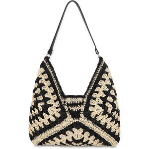 Black Woven Straw Hobo Beach Tote Bag for Women, Summer Crochet Shoulder Handbag